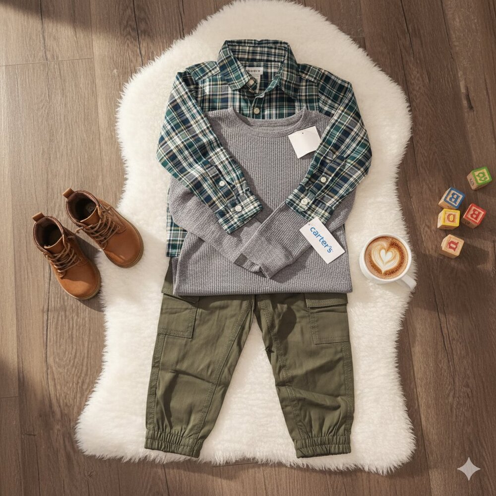 NWT Toddler Boys 3-Piece Outfit Set Sweater, Plaid Shirt & Cargo Pants
